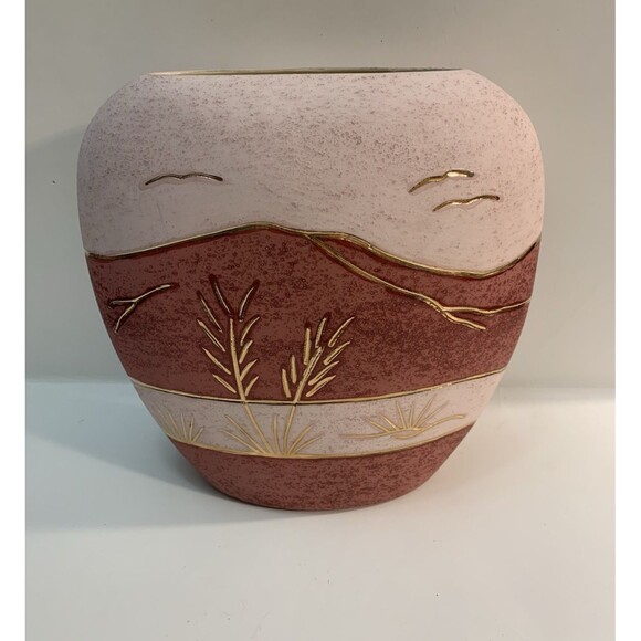 Southwest Native American Style Pottery Vase Enamel Gold Accents Inlay Veining - Picture 3 of 10